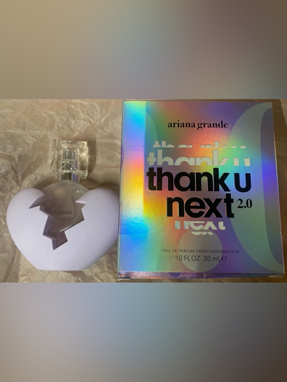 Ariana Grande Iridescent Holographic Box with Pink, Purple, Blue, Gold Tones